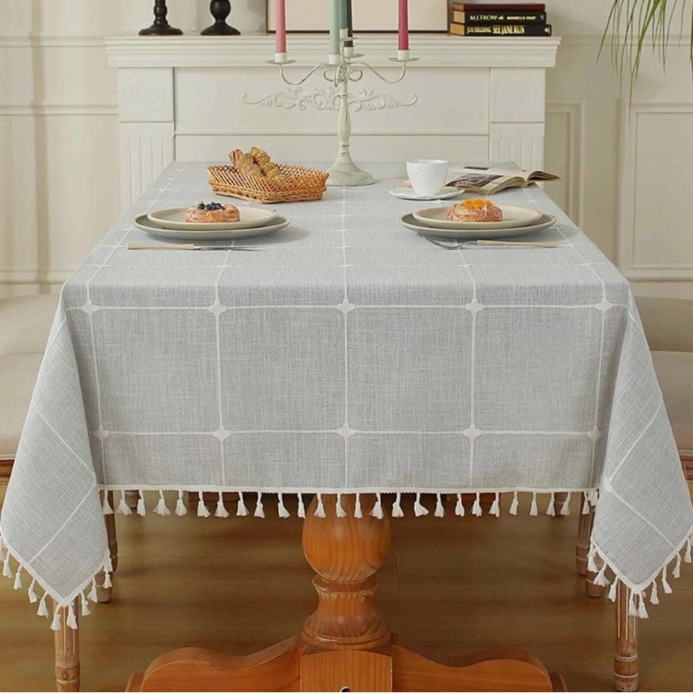 Fringed Cotton Linen Rectangular Lattice Tablecloth #0620257C